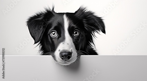 a dog looking over a white board