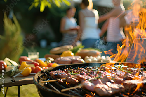 Close-up of a group of people having a barbecue in a garden