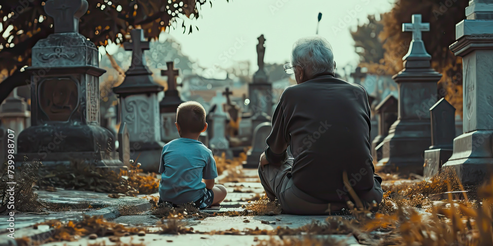 child and grandparent in a cemetery looking, contemplating, reflexing, sadness, lost