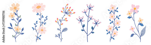 Collection of spring flowers and leaves, hand draw florals for patterns, greeting cards, invitation or posters. Cartoon  modern flowers on white background. Vector floral arrangements.