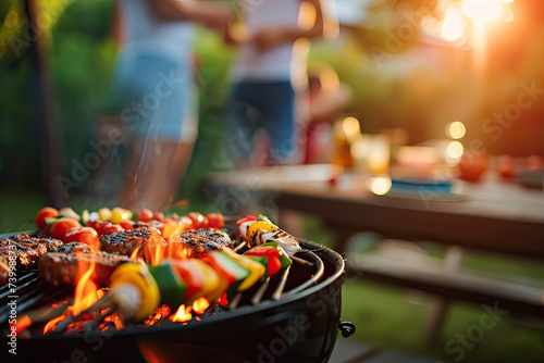 Close-up of a group of people having a barbecue in a garden