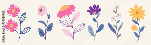 Collection of spring flowers and leaves, hand draw florals for patterns, greeting cards, invitation or posters. Cartoon  modern flowers on white background. Vector floral arrangements.