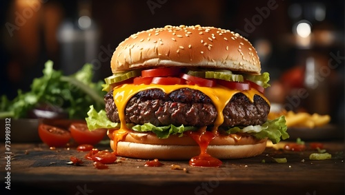 Burger full of meat and vegetables