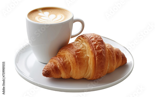 A plate holding a cup of coffee and a freshly baked croissant, ready to be enjoyed. Isolated on a Transparent Background PNG.