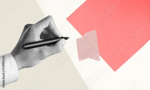 Canvas Print Human hand hold pencil with white paper.
