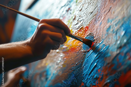 Close-up of a person painting on a canvas in an art