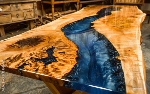 Epoxy resin on wood in the making of decorative tables and furniture,close up