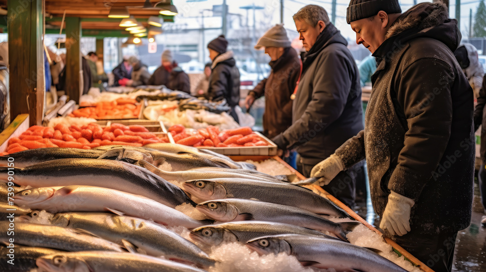 Busy fish market by the sea, many buyers are bargaining Busy fish market by the sea, many buyers are bargaining