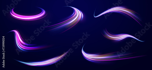 Colored shiny sparks of spiral wave. Curved bright speed line swirls. Shiny wavy path. Rotating dynamic neon circle. Magic golden swirl with highlights. Glowing swirl bokeh effect. vector png photo