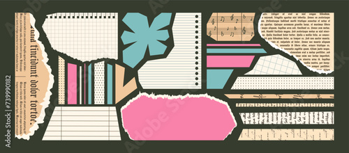 Set of torn newspapers and Notebook sheets for modern Collages. Cut strips of Paper with uneven edges. Pieces of musical notes, vintage book pages trendy design in scrapbook. Ripped notepad textbox