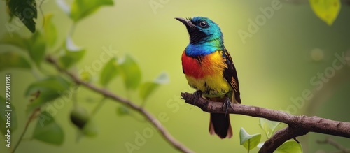 A colorful bird with vibrant plumage perches on top of a tree branch, showcasing its double vibrance and grace.