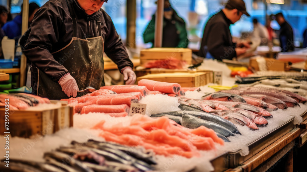 Busy fish market by the sea, many buyers are bargaining Busy fish market by the sea, many buyers are bargaining