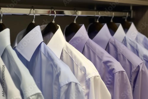 neatly pressed shirts in a row on a closet rack