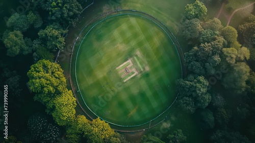 Aerial view of players, playing a game of Cricket on a Welsh Park Pitch in the summer