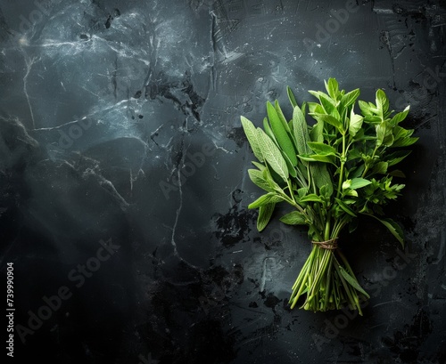 Green sage leaves stand out against a dark marble background