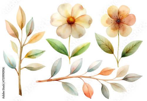Watercolor illustration set brunches with color leaves and cartoon flowers. Isolated on transparent background. Perfect for card  postcard  tags  invitation  printing  wrapping.