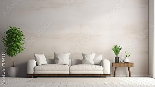 interior living room wall mockup 3d rendering illustration. simple modern living room concept. © pjdesign