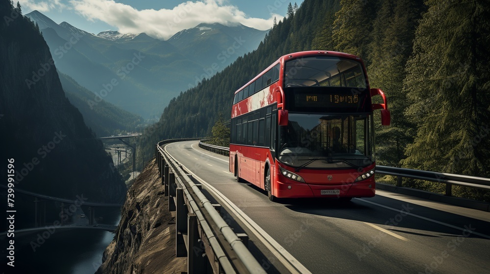 The latest sophisticated bus crosses the flyover between high mountains