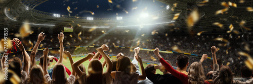 Sport match event. Back view of football fans cheering favorite soccer team at crowded stadium at evening time. Winning championship. Concept of competition, leisure time, emotions, live sport event photo