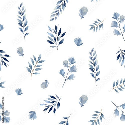 Watercolor floral background. Seamless pattern with delicate leaves in pastel blue colors. Hand drawn botanical wallpaper