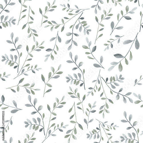 Watercolor floral background. Seamless pattern with delicate leaves in pastel green colors. Hand drawn botanical wallpaper