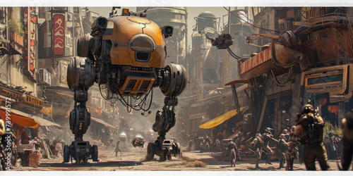 Robots and humans in a steampunk style city