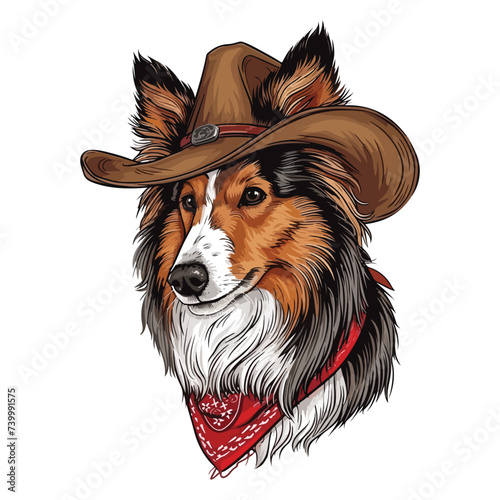 shetland sheepdog dog Head wearing cowboy hat and bandana around neck