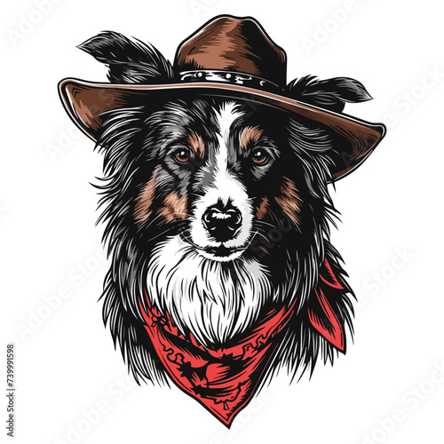shetland sheepdog dog Head wearing cowboy hat and bandana around neck