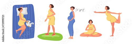 Healthy lifestyle during pregnancy. Importance of healthy sleep, outdoor walks, fitness for the benefit of pregnant woman and baby. Pregnant woman sleeping, walking, make yoga. Vector illustration.