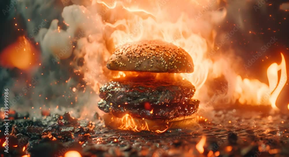 Fire hamburger Grilling meat to make delicious burgers