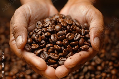 Hands gently holding heap of freshly roasted coffee beans close up representation of rich aroma and deep flavor of espresso showcasing natural beauty and texture of seeds