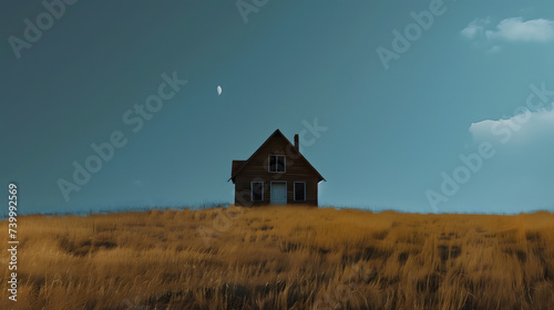 A house in the prairie with clear sky and moon