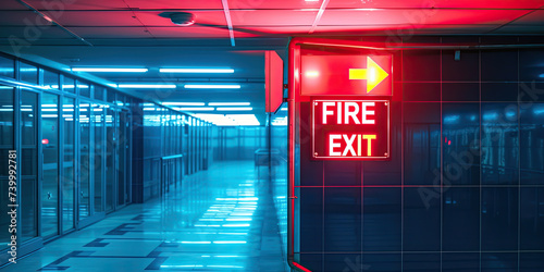 write FIRE EXIT in a building corridor, with neon red letters