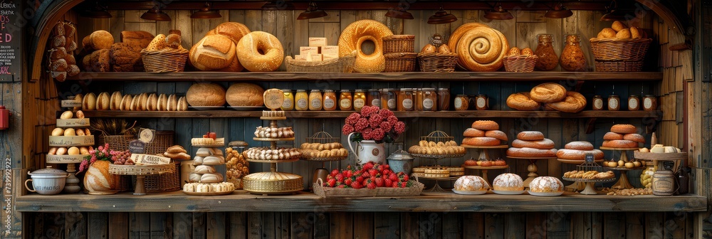 Realistic pattern of a bakery with bread, cakes, and pastries, Background Image, Background For Banner