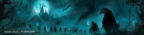 A lone wolf howling spells into the night as wand wielding figures prepare for a battle against dark vampires photo