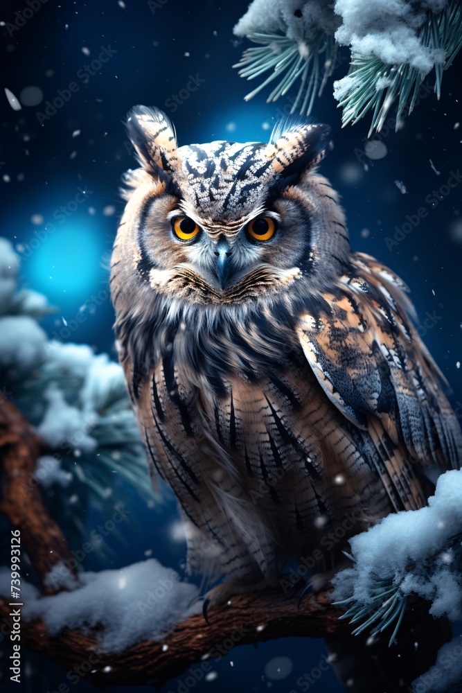 an owl standing on a branch with snow an owl standing on a branch with snow