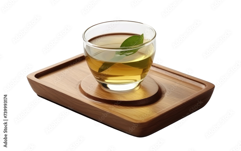 A glass filled with tea sits on a wooden tray. Isolated on a Transparent Background PNG.