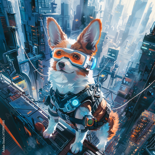 Corgi in a spy gear sneaking through a futuristic cityscape blending technology and cuteness photo