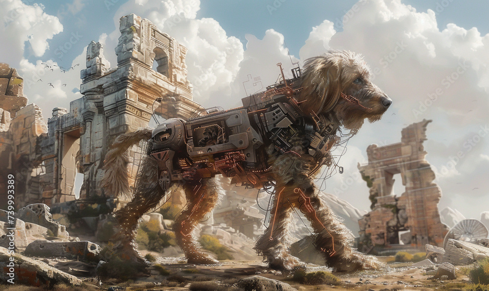 Naklejka premium Iron and cyborg elements infused with a poodle exploring ancient ruins blending the past with futuristic tech