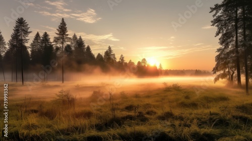 foggy forest at sunrise