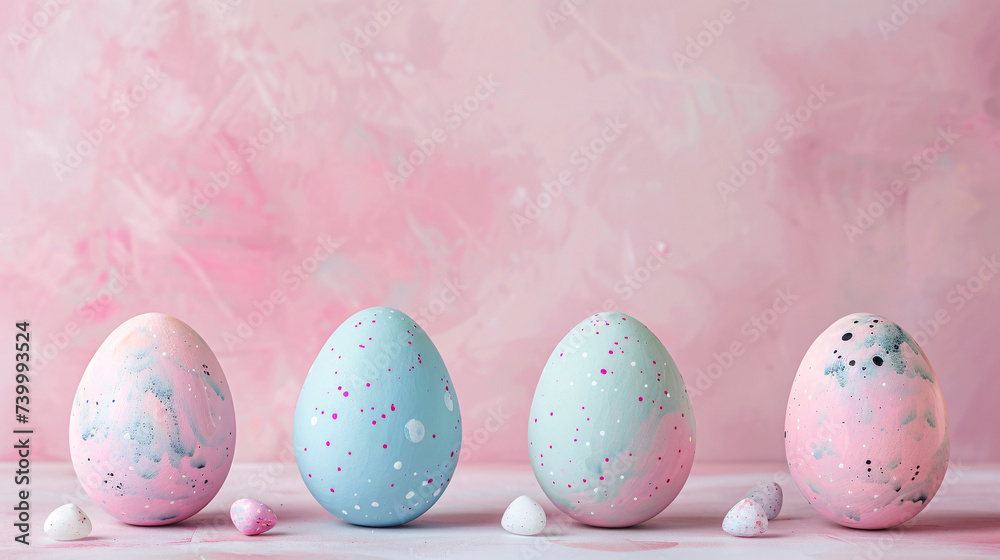 Four dotted spray color painted easter eggs placed horizontally on a pink background Four dotted spray color painted easter eggs placed horizontally on a pink background