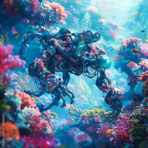 Underwater cyborg creatures exploring coral reefs in a machine enhanced Amazon showcasing aquatic marvels