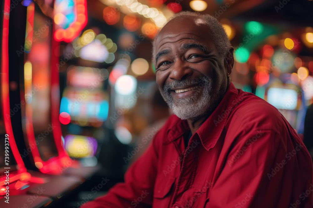 A senior African American man in a red shirt sits in front of a slot machine and looks happy and smiling. He seems to be enjoying his time at the casino, hoping to win