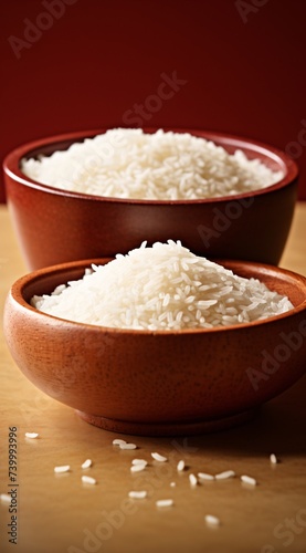 a bowl of rice in a wooden bowl