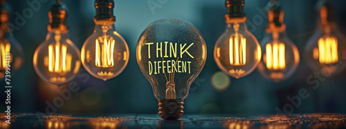 write THINK DIFFERENT written on an unlit light bulb, surrounded by lit bulbs photo