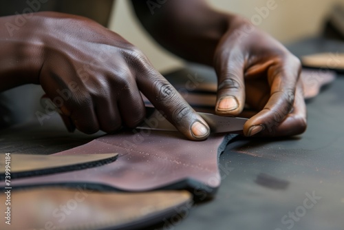 closeup of hands cutting shoe patterns from leather