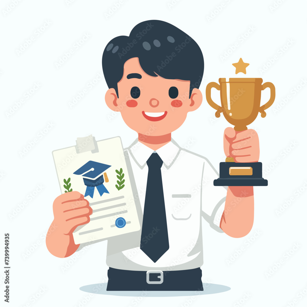 outstanding young graduating student holds a trophy cartoon character illustration outstanding young graduating student holds a trophy cartoon character illustration