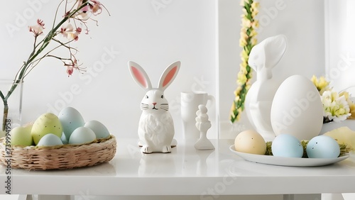 Easter decoration with eggs, bunny and flowers on white table indoors