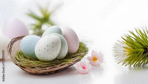 Easter eggs in a nest with flowers on a white background