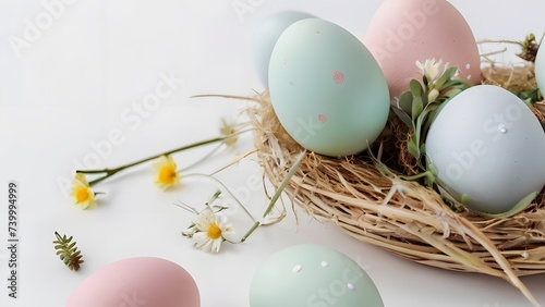 Colorful easter eggs in nest on white background with copy space